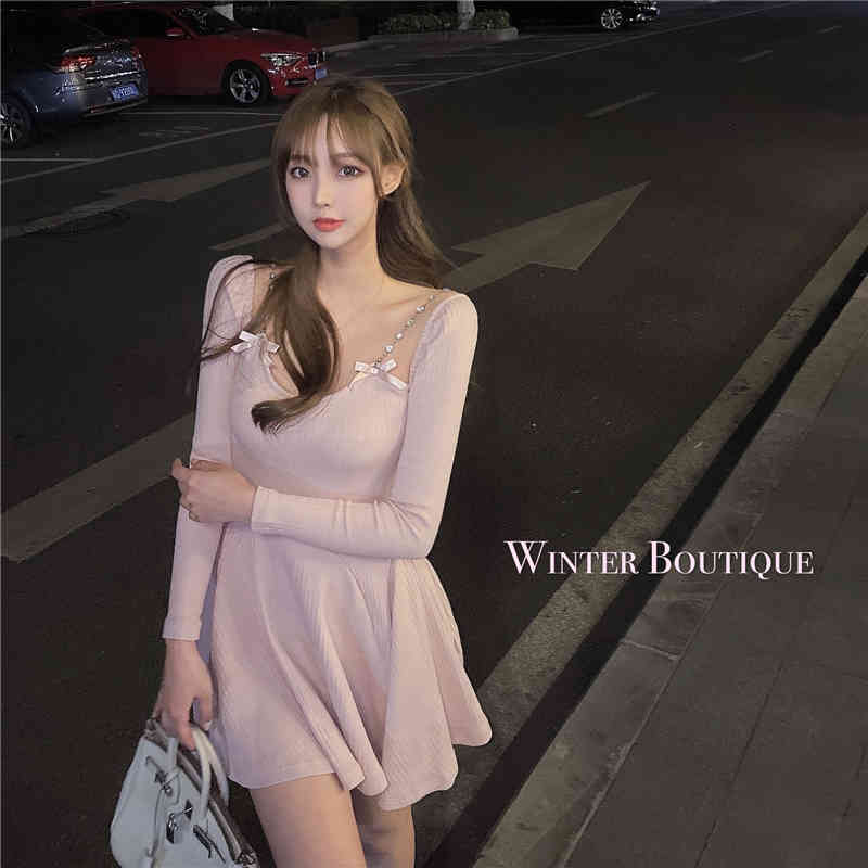 Knit Dress Korean Spring Casual Long Sleeve Sexy Sweater Mini Dress Women Outwear Party Elegant Dress Female Cute 210521