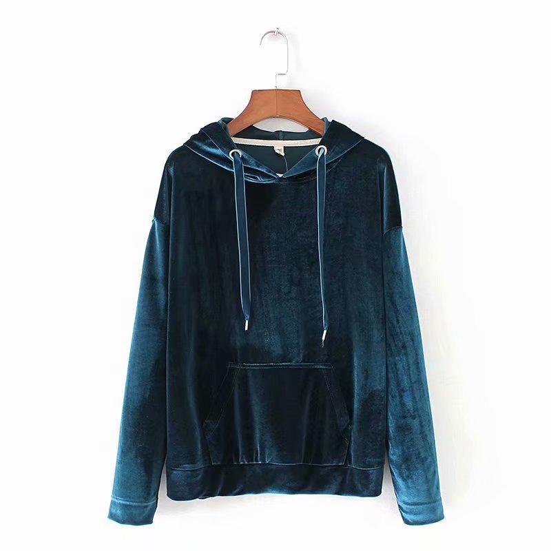Fashion Women Patch Pocket Velvet Hoodie Pullovers Leisure Ladies Long Sleeves Smock Autumn Loose tops SW610 210430Z