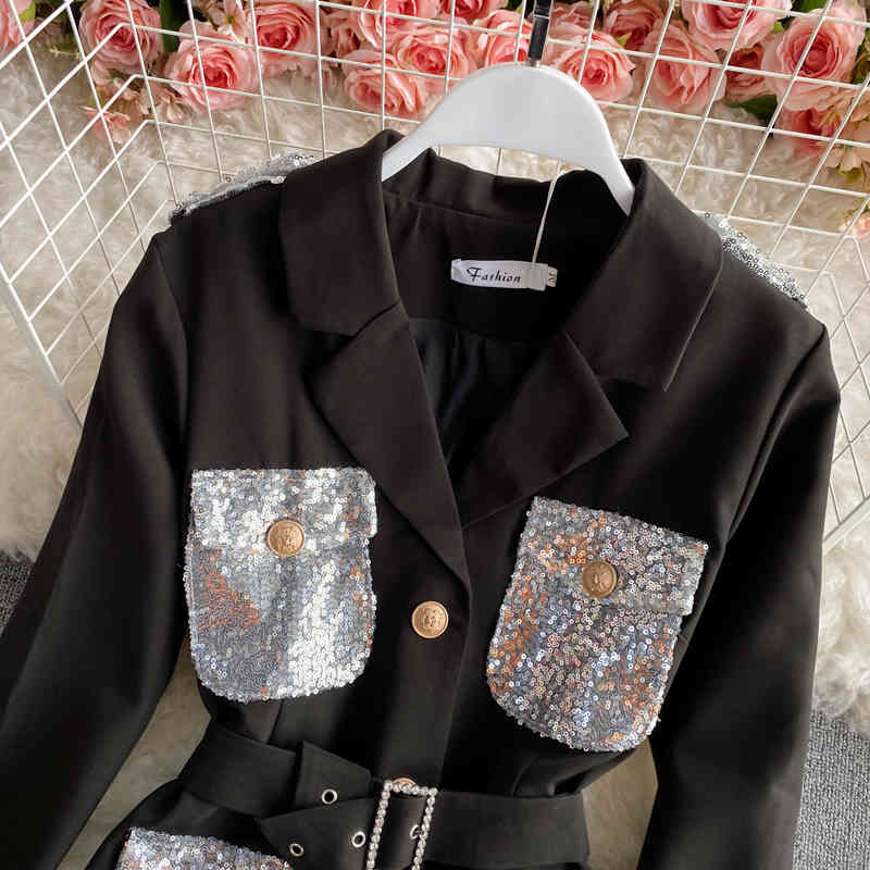 Nomikuma Women Notched Collar Elegant Dress Korean Sequins Pockets Dresses Belt Slim Waist New Vestido Mujer Femme 6F487 210427