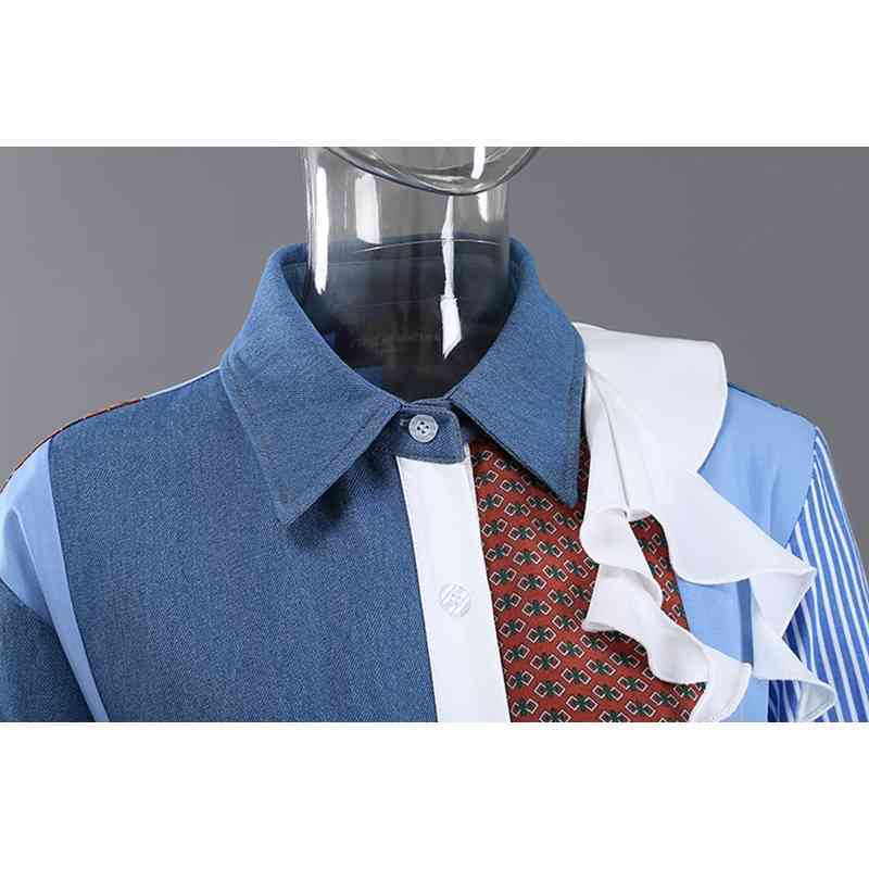 Patchwork Striped Vintage Print Shirt For Women Lapel Collar Ruched Tassel Korean Spring Shirts Emale Fashion 210524