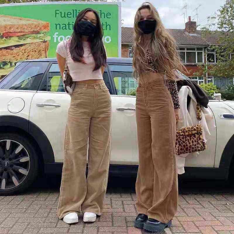 Vintage Oversized Corduroy Baggy Pants Ladies Fall High-Waist Wide Leg Straight Trousers Women 90s Elastic Casual Bottoms Mujer 211112