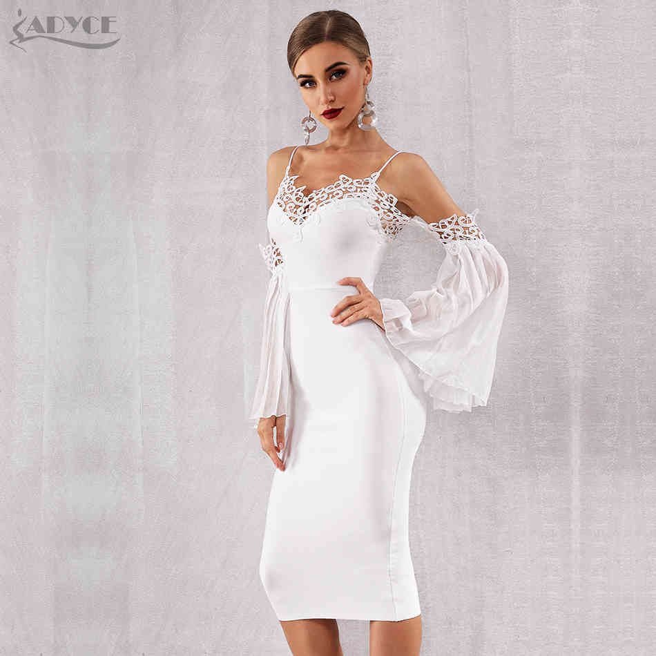 Autumn Women Bandage Dress Sexy Flare Sleeve White Lace Midi Vestidos Elegant Celebrity Evening Party 210423