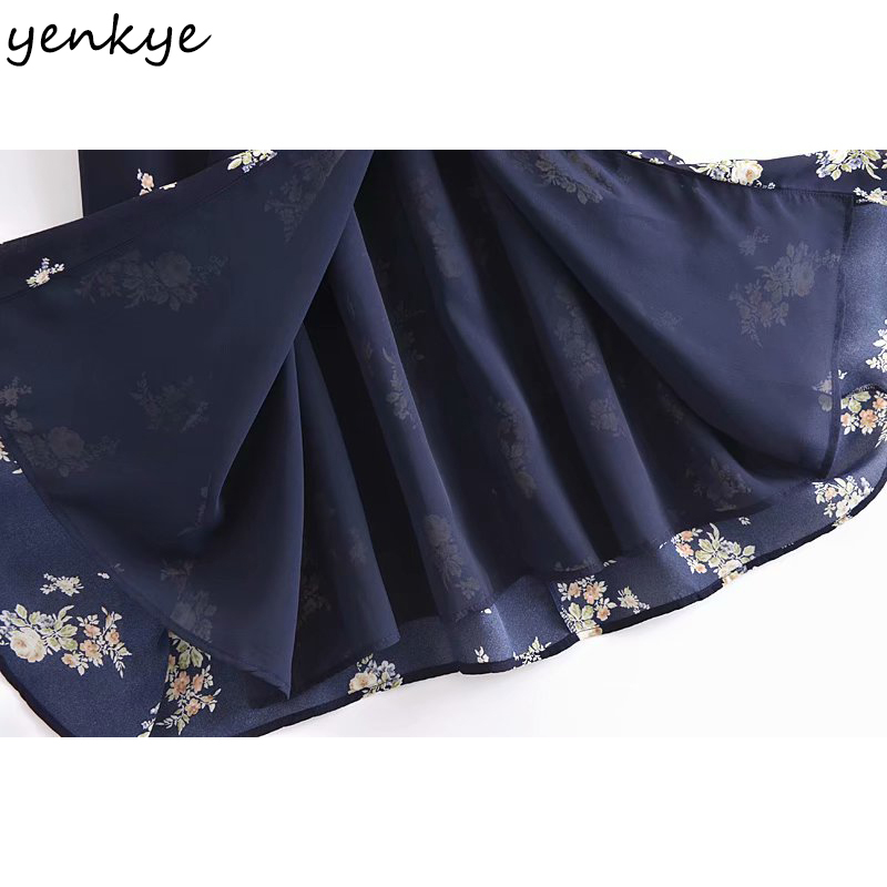 YENKYE Summer Women Vintage Floral Print Sexy Slits Dress Female V Neck A-line Midi Tank Chiffon Dress Prairie Chic Holiday Robe 210515