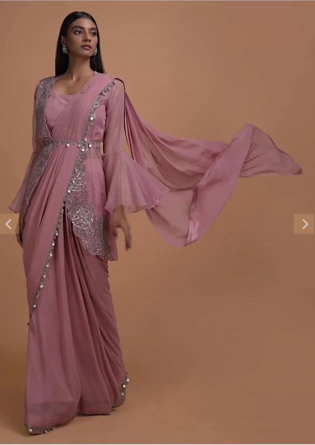 Thulian Pink Ready Pleated Saree Topped With Organza Jacket Having Bell Sleeves 2022 bling bling indian evening prom dresses