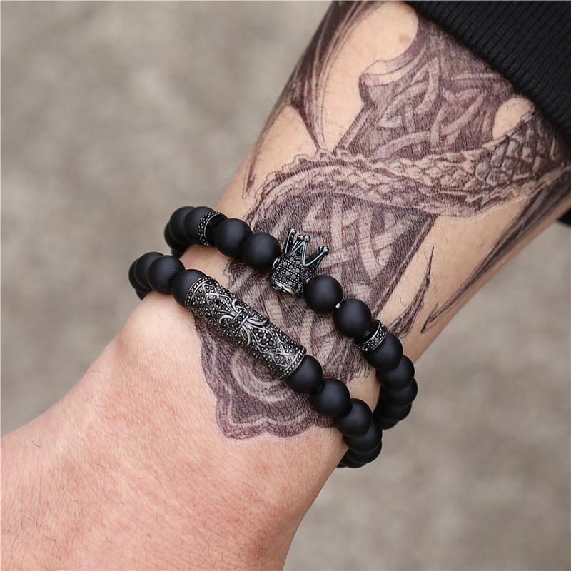 Charm Bracelets 2021 2pcs/set CZ Crown Bracelet Men Braclet Kinds Black Matte Stone Bead For Mens Hand Jewelry