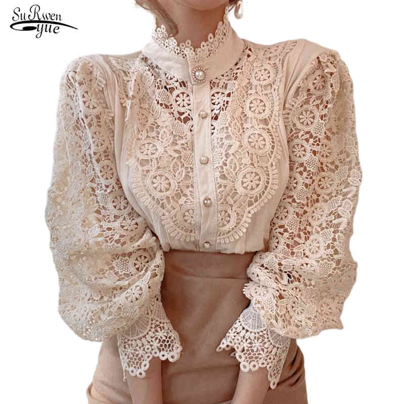 Blusas Mujer De Moda Spring Hollow Out Lace Shirt Women Office Lady Flower Blouse Stand Collar Button Female Clothing 12419 210508