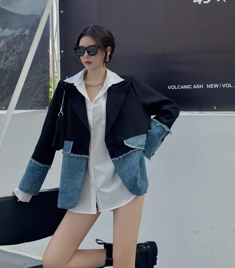 Elegant Women's Denim Patchwork Long Sleeve Blazer Coat Spring Female Fashion Clothing 210519