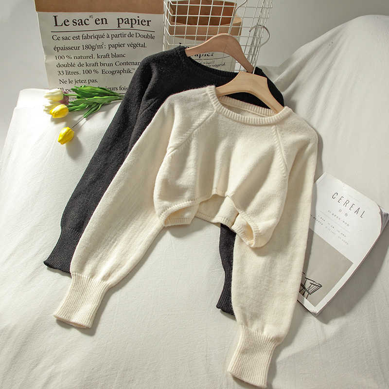 Korobov Preppy Style Streetwear Crop Knit Pullovers Korean Long Sleeve O Neck Solid Sweaters Vintage Jumper Femme 211011Z