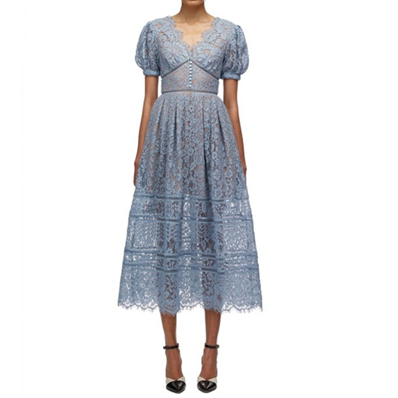 Fashion Runway Summer Short Sleeve Lace Long Dresses Women Vintage Vacation Beach Mid-Length Vestido Da Festa 210520