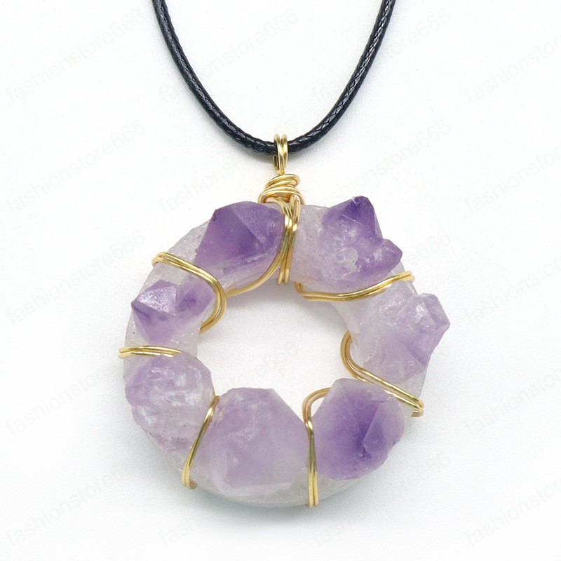 Wire Wrapped Natural Stone Amethyst Pendant Necklace 35mm Donut Pendant Irregular Healing Crystal Collar Necklaces for Women fashion jewelry