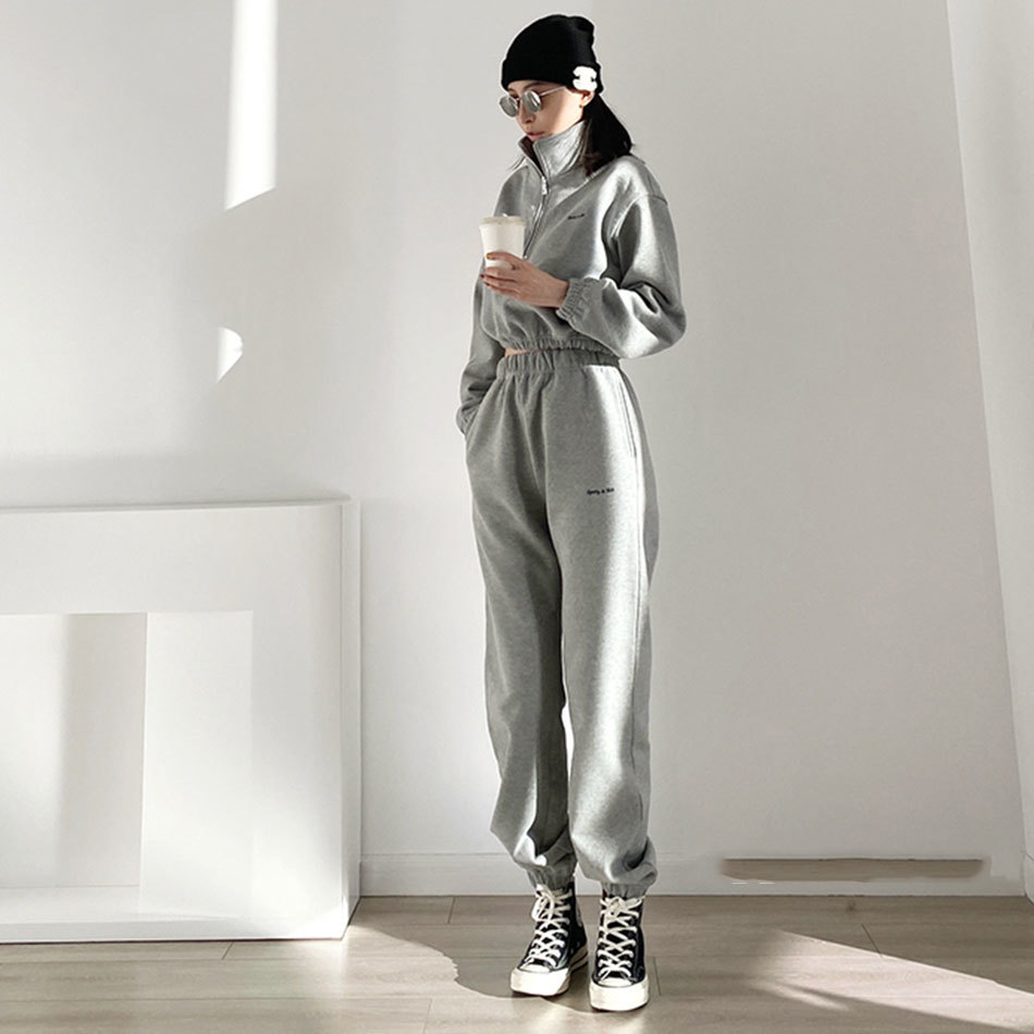 Free Ladies Women Sweatshirt Set Casual Zipper Stand Collar Long Sleeve Pullover Sweater & Pants Two-piece Se 210524