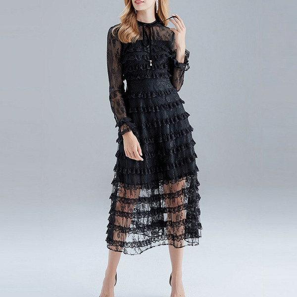 Layer Ruffles Cake spring Dress Women Long Sleeve Bow Mesh Lace Robe Femme Sexy Vestidos Midi Party es 210519