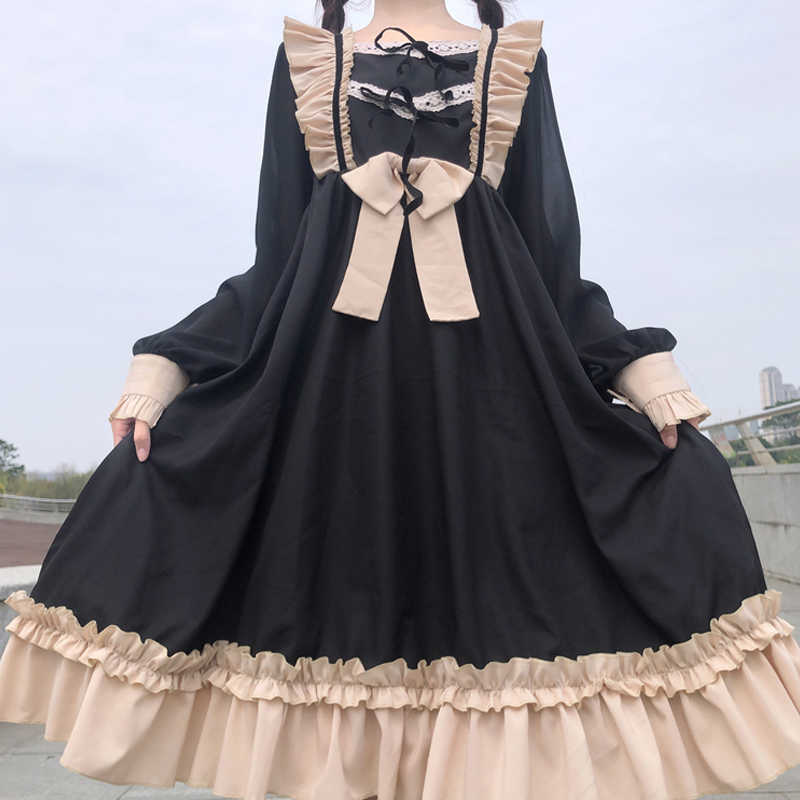 Japanese Harajuku Gothic Bandage Bow Splice Dress Sweet Lolita Girl Cosplay Kawaii Ruffle Party 210623