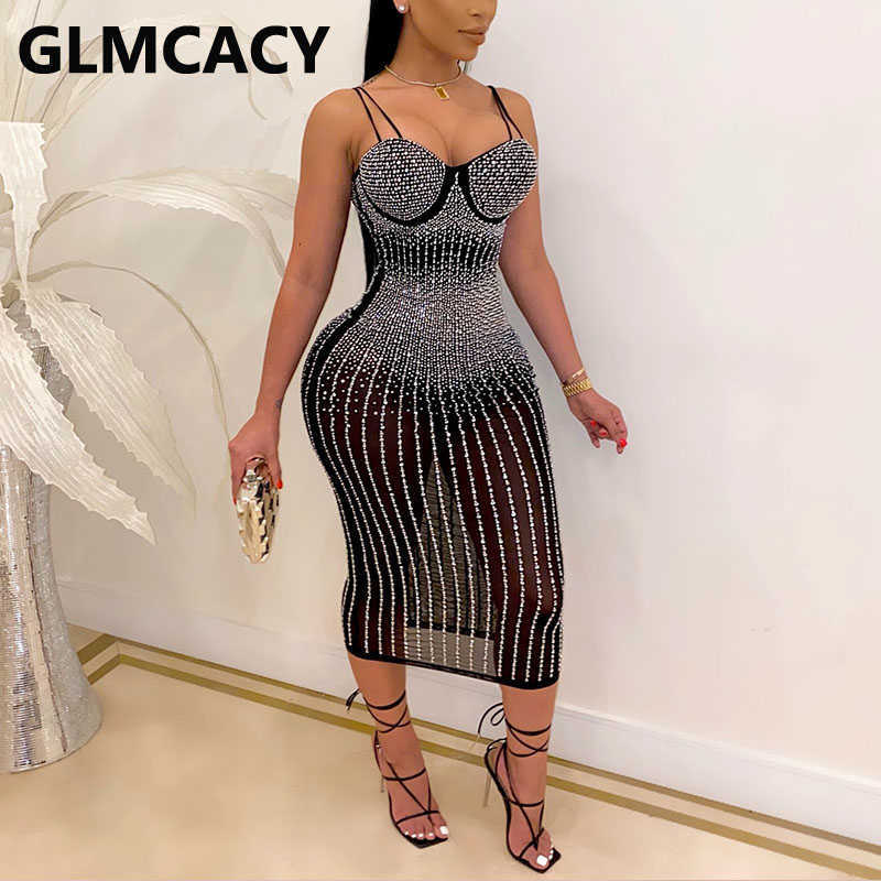 Women Spaghetti Strap Mesh Dress Diamond Embellished Party Midi Dresses 210702
