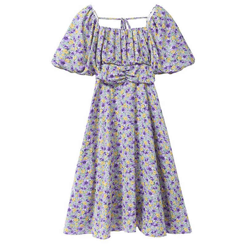 Purple Print Floral Dress Women Puff Sleeves Square Neck Party Chiffon Midi Dress Summer Casual Beach Bandage Dresses 210521