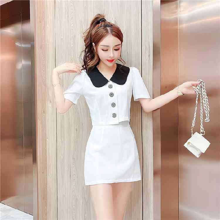 Summer Women Two Piece Set Fashion Hit Color Peter Pan Collar Short Sleeve Shirt Top + High Waist Mini Skirts Outfits 210519