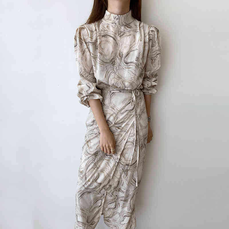 Korean Elegant Stand Collar Runway Dress Women Long Sleeve Spring Robe Dresses Vintage Print Maix Vestidos 210519