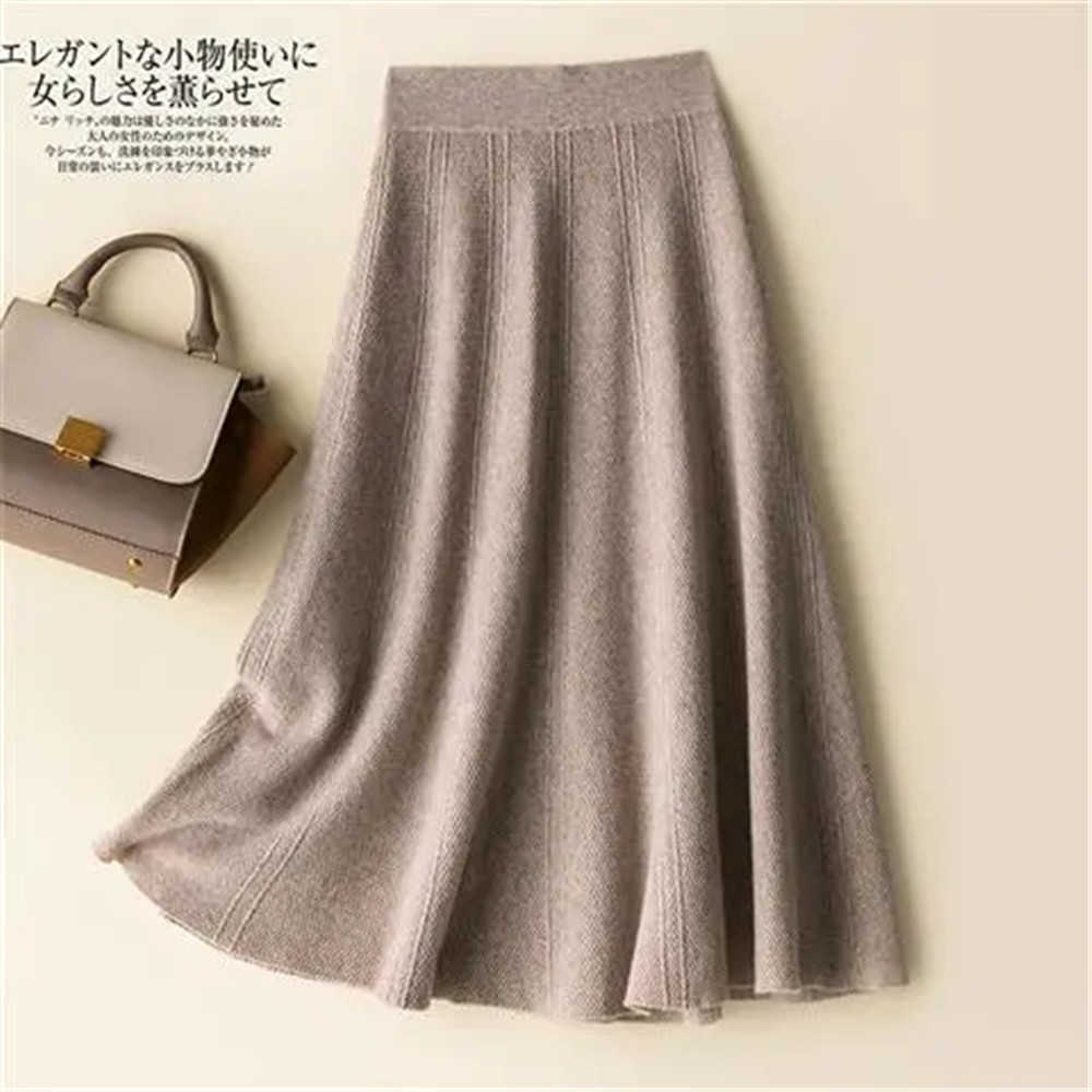 Vintage Brown Knitted Long Skirt Autumn Winter Women Casual Solid A Line Skirt Korean Female Black High Waist Midi Skirt 211119