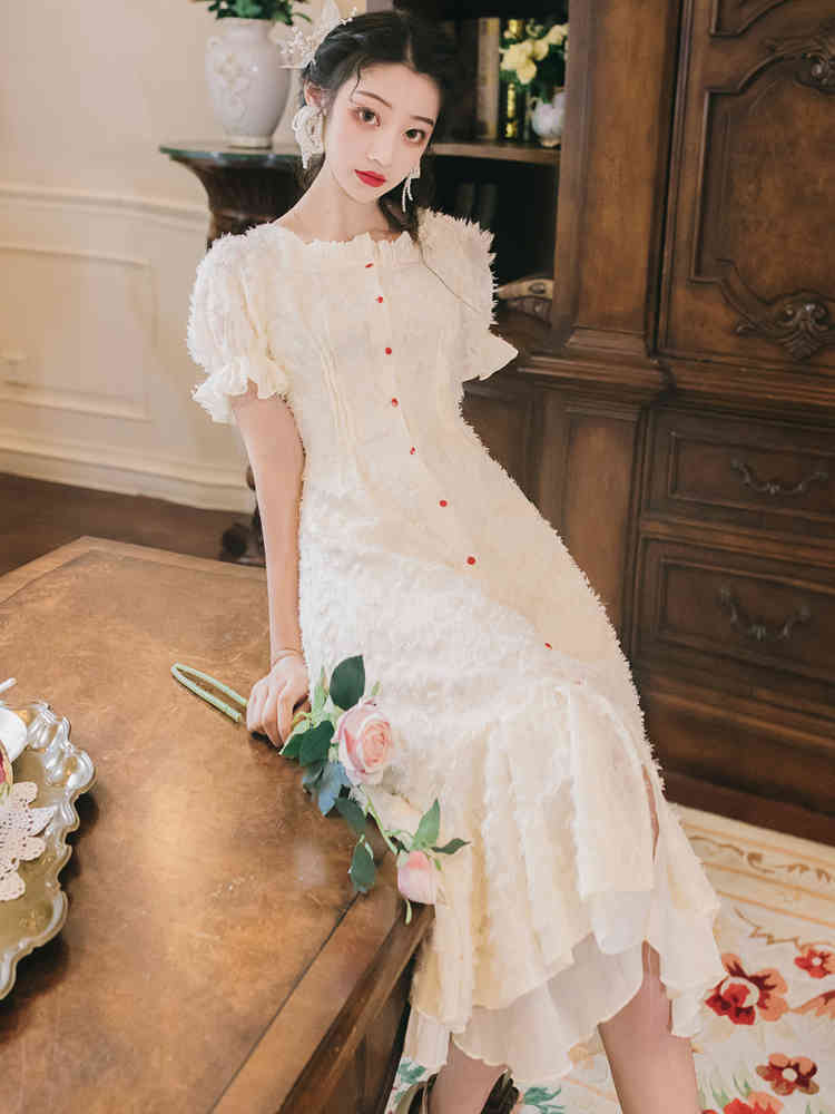 Korean Fashion Summer Mermaid Dress Single Breasted Dresses Butterfly Sleeve High Waist Vintage Women Holiday 210506