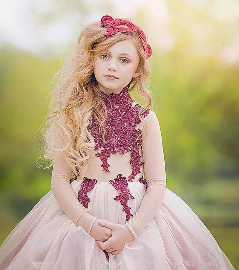 Lace High Neck Little Girls Pageant Dresses Appliques Toddler Ball Gown Flower Girl Dress Floor Length Tulle Beaded First Communion Gowns