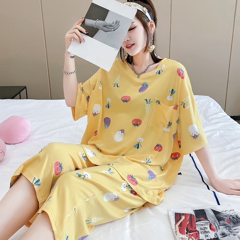 Women's Sleep Heightwear 100 kg porte pyjama femme lâche imprimé maison maison vêtements moitié manches pantalon coupé deux pièces ensemble plus
