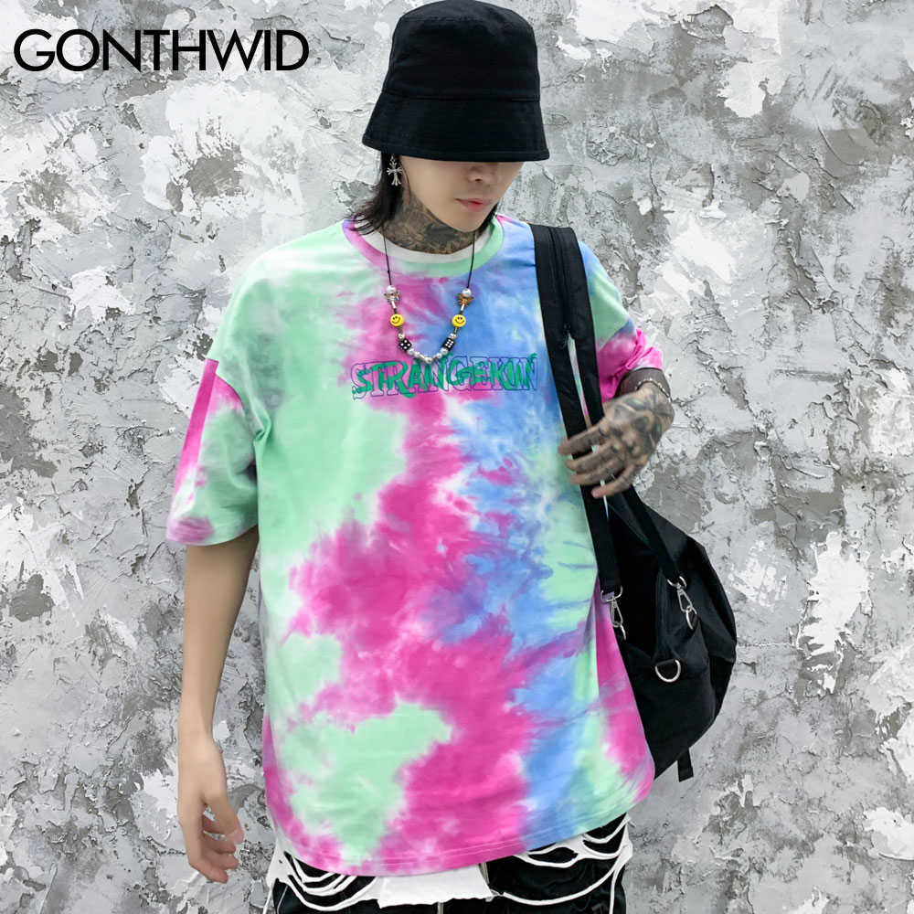 GONTHWID Tie Dye Tees Shirts Streetwear Hip Hop Graffiti Print Short Sleeve Tshirts Mens Harajuku Hipster Casual Tops Fashion 210623