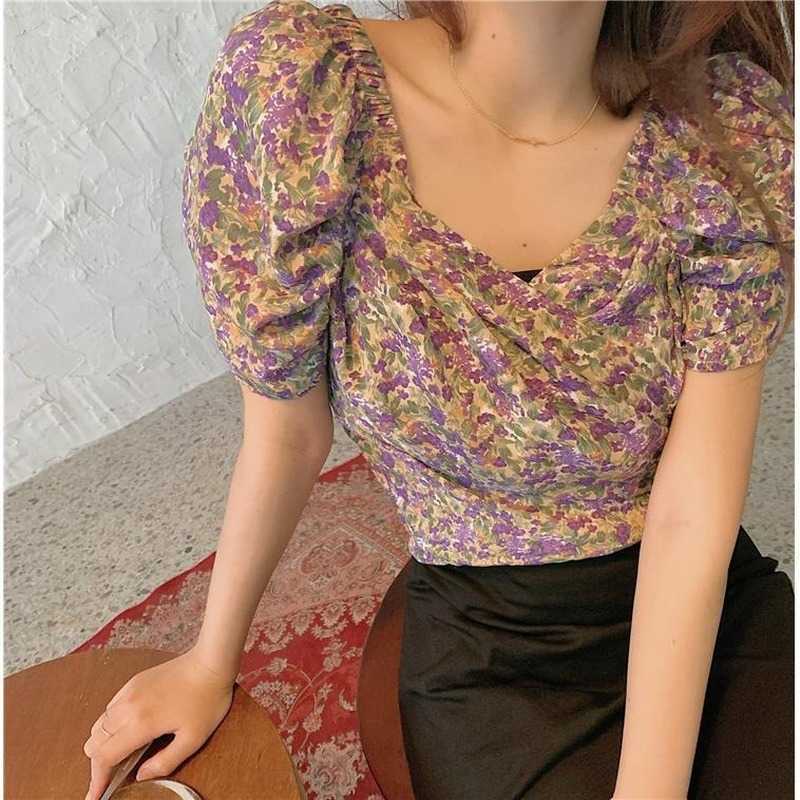French Short Puff Sleeve Floral Blouse Women Vintage Chiffon Casual Tops Spring Korean Designer Lady Sexy Party Clothes 210604, Yellow blouse
French Short Puff Sleeve Floral Blouse Women Vintage Chiffon Casual Tops Spring Korean Designer Lady Sexy Party Clothes 210604, Yellow blouse