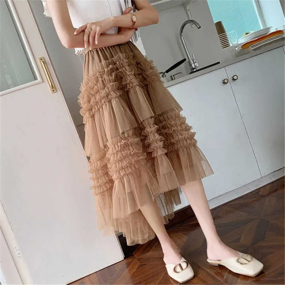 French Elegant Ruffled Irregular Cake Stitching Pleated Skirts Women Vintage Mesh High Waist Layered Tulle Skirts Streetwear 210619