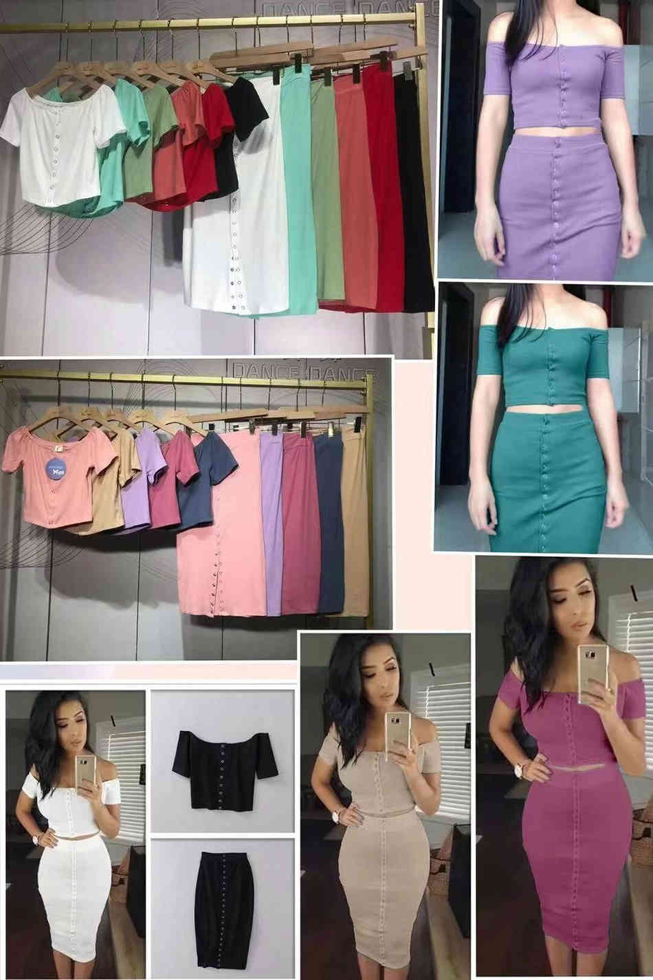 Free Summer Women's Single-breasted Knit Skirt Set Sexy Card Shoulder Short Sleeve Top & Midi Two-piece 210524