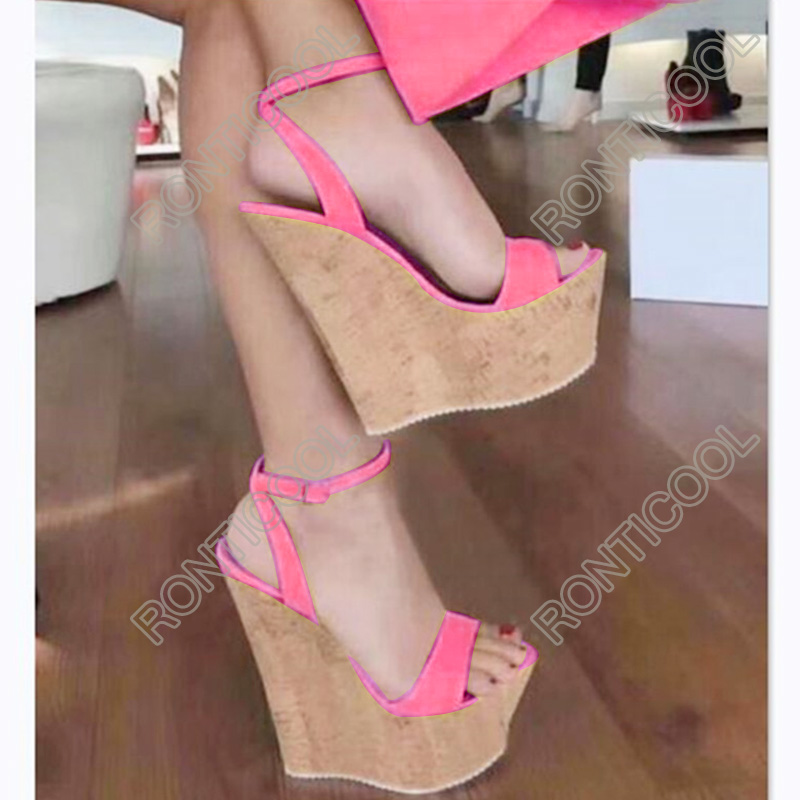 Rontic New Fashion Women Handmade Sandals Ankle Strap Wedges High Heel Open Toe Charm 6 Colors Party Shoes Size 35 45 46 47