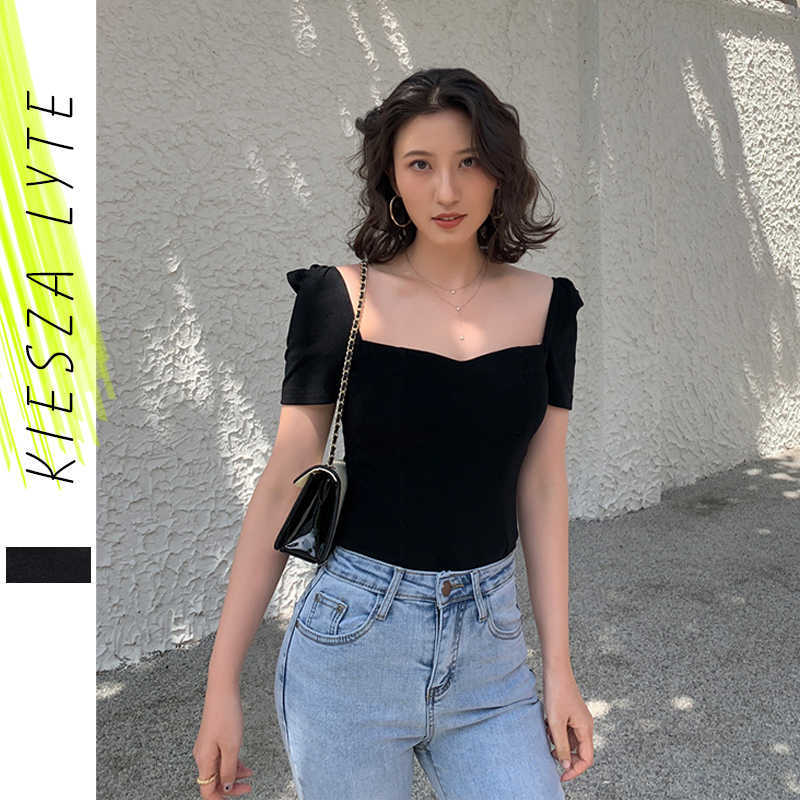 Summer women' T shirt Hepburn style solid black white square collar vintage sexy knit blouse tops 210608
Summer women' T shirt Hepburn style solid black white square collar vintage sexy knit blouse tops 210608