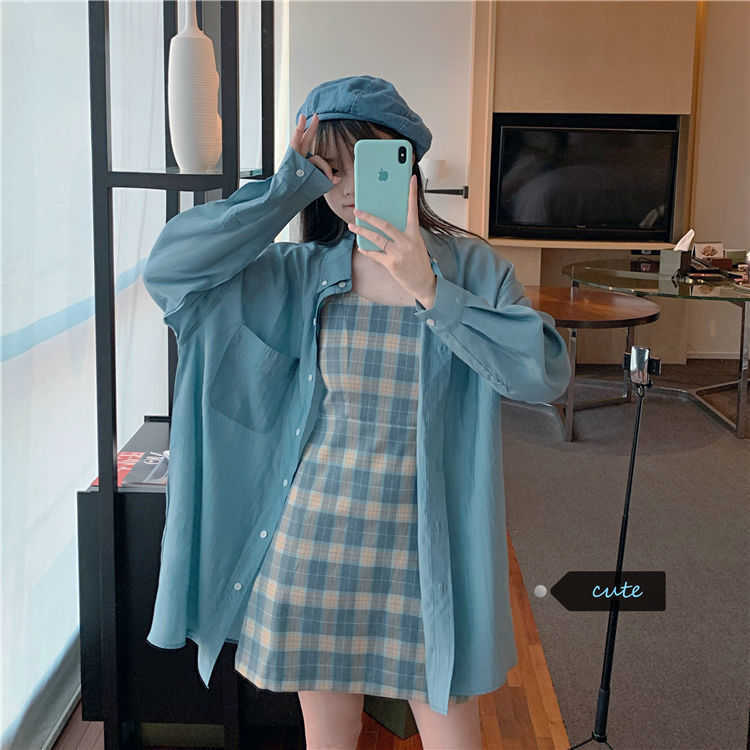 Summer and Autumn Suit Blue Sunscreen Shirt + Plaid Sling Slim A-line Dress Western Style Two-piece Female 210708