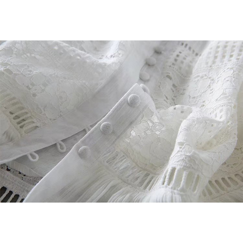 White Lace Boho Maxi Dress For Women, Summer Long Sleeve Beach Sundress, Casual Holiday A-E Tunic Dress, Polyester
