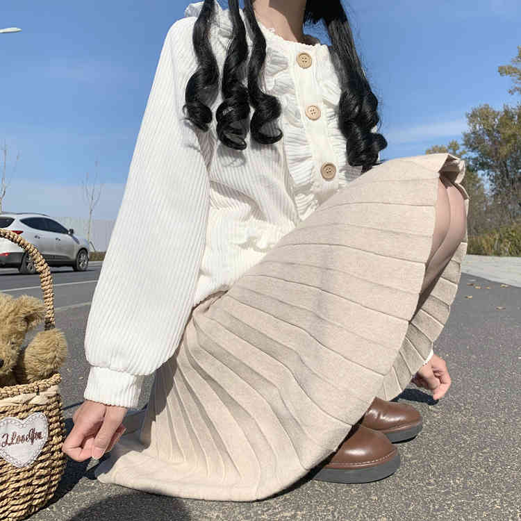 Nomikuma Japan Style Sweet Women Coat Korean Ruffle Patchwork Single Breasted Jacket Autumn Winter Thicken Outerwear 6D323 210427