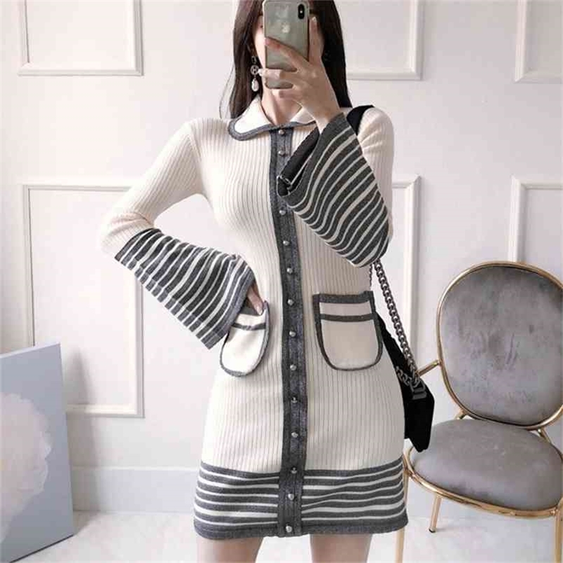 Fashion Single-Breasted Mini Dress Women Flare Sleeve Knitting Dresses Spring Peter Pan Collar Slim Office Lady Vestidoes 210603, Picture color
Fashion Single-Breasted Mini Dress Women Flare Sleeve Knitting Dresses Spring Peter Pan Collar Slim Office Lady Vestidoes 210603, Picture color