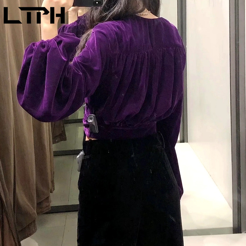 vintage V-Neck velour short women shirts Blouse Lantern sleeve purple temperament All-match tops Spring Autumn 210427