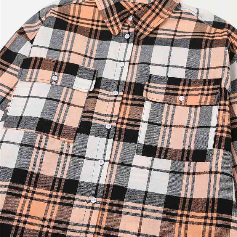 Streetwear Women Plaid Shirts Fashion Ladies Turn Down Collar Tops Causal Female Chic Pocket Cotton 100% Blouses 210430