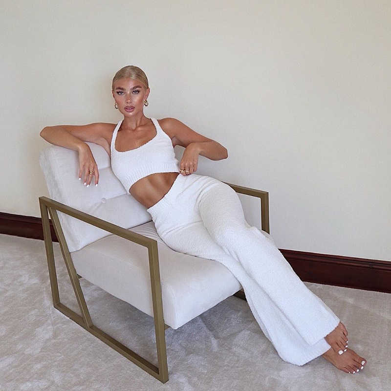 Asia Fluffy Two Piece Set Lounge Sexy 2 Piece Set Women Sweater knit Set Tank Top And Pants Casual Homewear Outfits Home Suit 210714