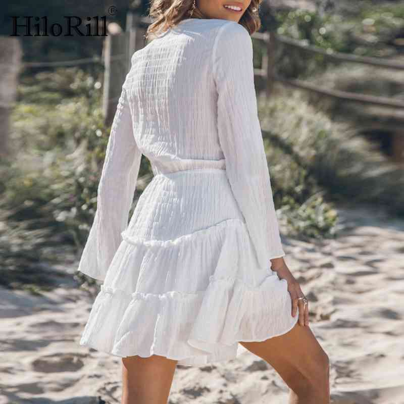 Women Sexy Deep V Neck White Mini Dress Long Sleeve A Line Holiday Casual Summer Elegant Bandage es Vestidos 210508