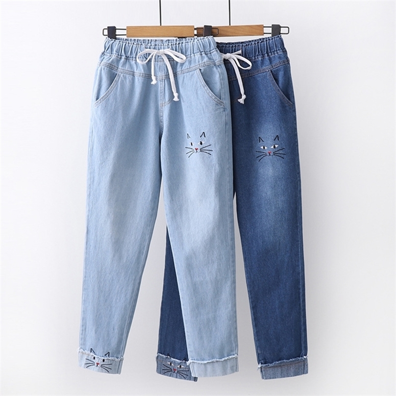 Dark/Light Blue Jeans For Women Ladies Spring Autumn Fashion Embroidery Cat Beard Pattern Casual Denim Pants Korean Style 210922