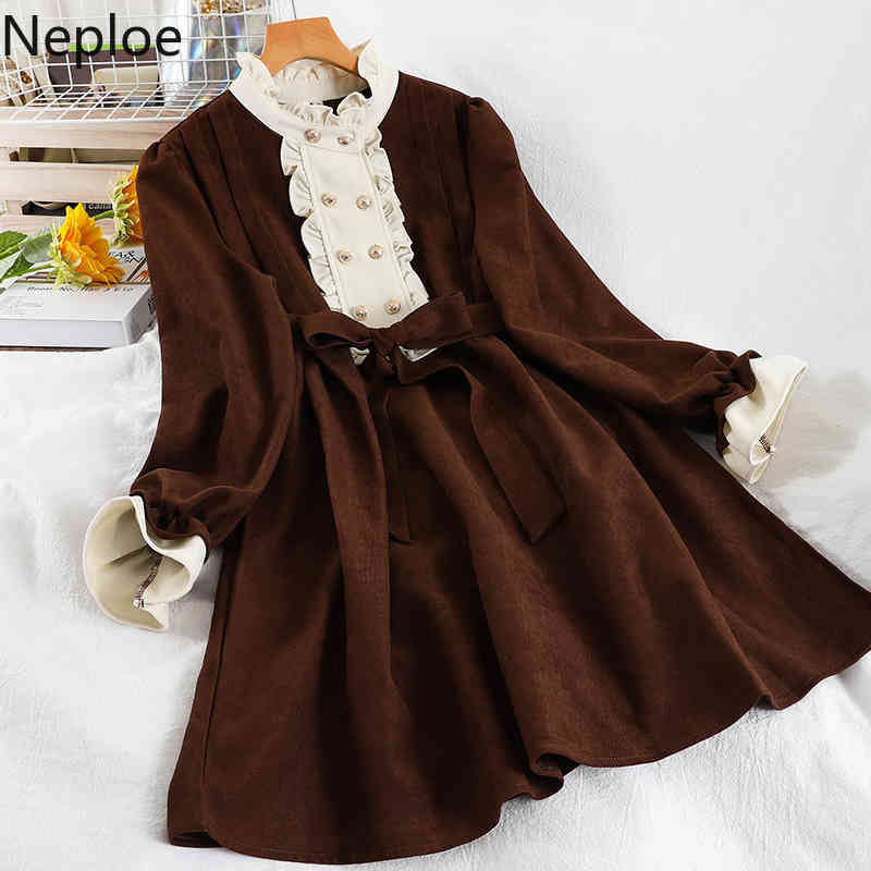 Neploe Stand Neck Dress Woman Dresses Slim Waist Temperament Vestidos Fall Clothes Robe Ruffles Midi Bandage Dresses Women 210422