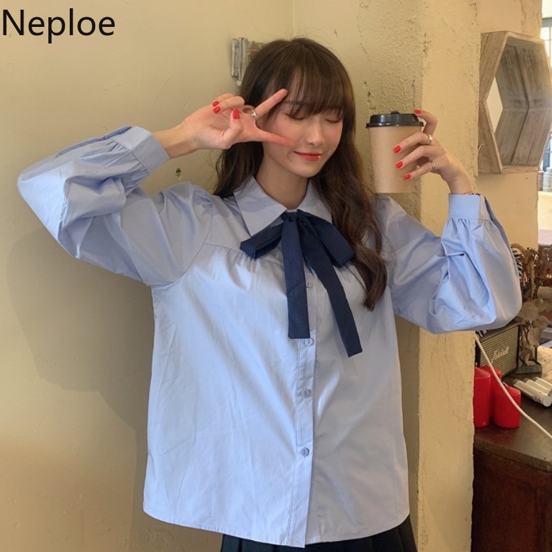 Neploe Blouse Women Preppy Style Lace Up Bow Blue Shirts Long Sleeve Loose Blouses Tops Blusas Mujer De Moda 4G520 210422