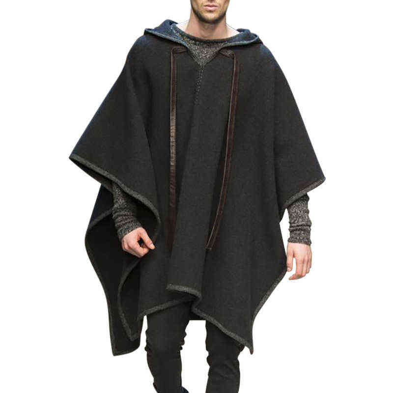 RUELK European And American Fashion Classic Solid Color Harajuku Hooded V-neck Men's Cloak Shawl Pullover Cloak Woolen Coat 211122