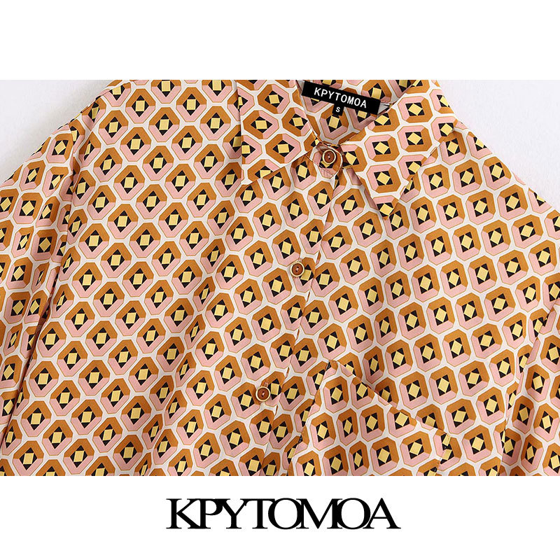 Women Fashion Geometric Print Pocket Blouses Lapel Collar Short Sleeve Female Shirts Blusas Chic Tops 210420