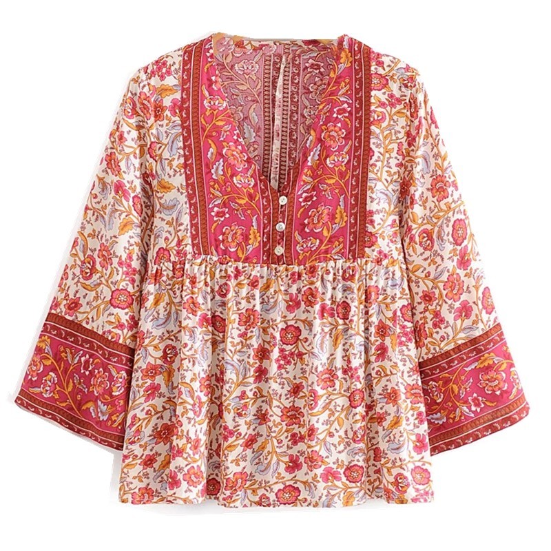 Bohemia Open Button V neck Floral Print Pullover Shirt Women Buttons High Waist Maxi Long Skirt green Holiday 2 Pieces Set 210429