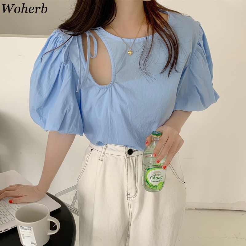 Womens Tops Chic Hollow Out Sexy Blouses O-neck Puff Sleeve Off Shoulder Shirt Loose White Blouse Blusas Mujer Moda 210519