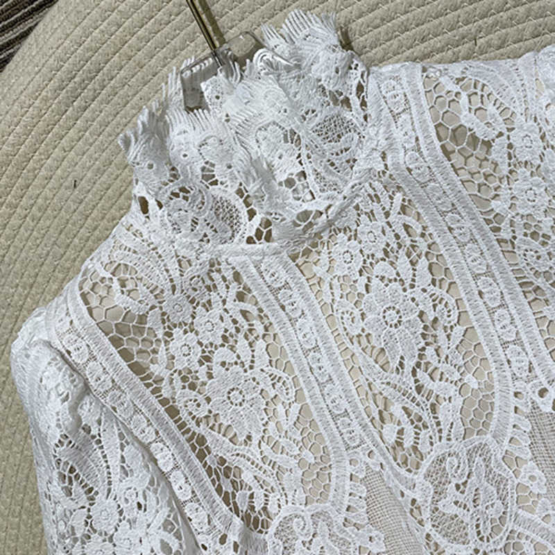 DEAT Women High Elastic Waist Buttocks Skirt Vintage Lace Hollow Out Shirt Two Piece Set Fashion Spring Summer 11B135 210709