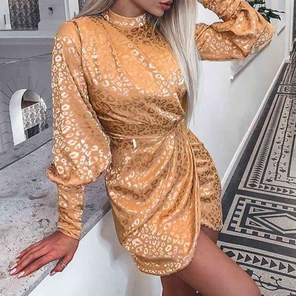 Free Women Leopard Print Dress Sexy Stand Collar Lantern Long Sleeve Draped Bodycon Irregular Club Party 210524