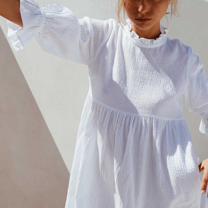 Women Mini Dress Casual Stand Collar Ruffles Half Sleeve Elastic Breathable Loose Streetwear Outfits Elegant Solid A-line Dress 210630