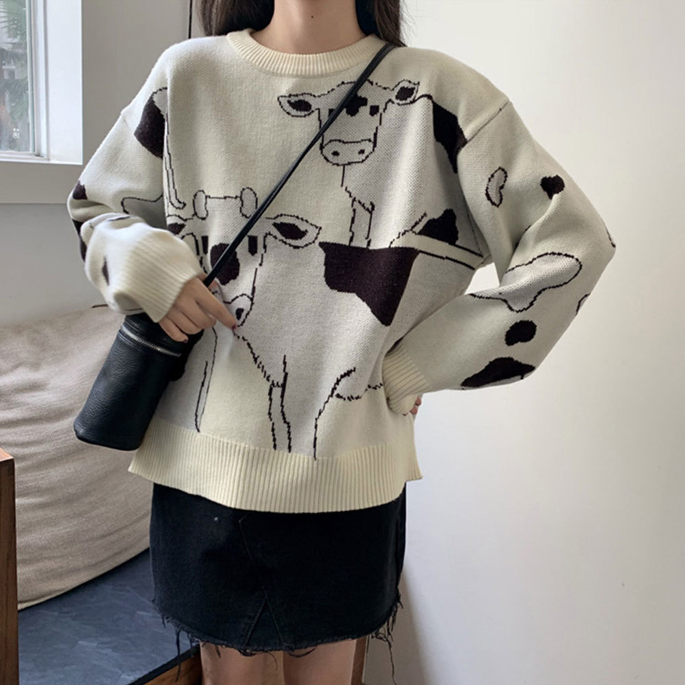 Vintage Casual Loose Lazy Cow Sweater Female Korean Harajuku Women's pullover Japanese Kawaii Cute Ulzzang Clothing For Women 210428